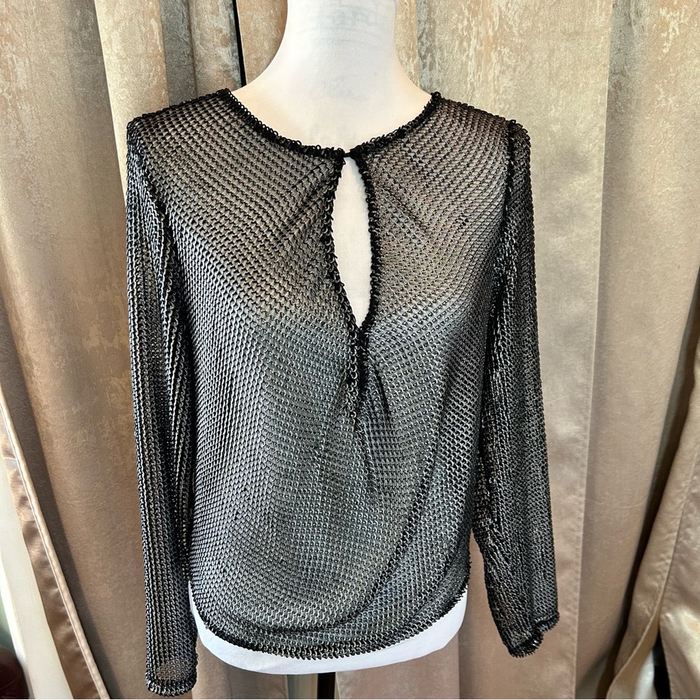 ZARA METALLIC TEXTURED MESH KNIT LONG SLEEVE TOP Size SMALL SILVER